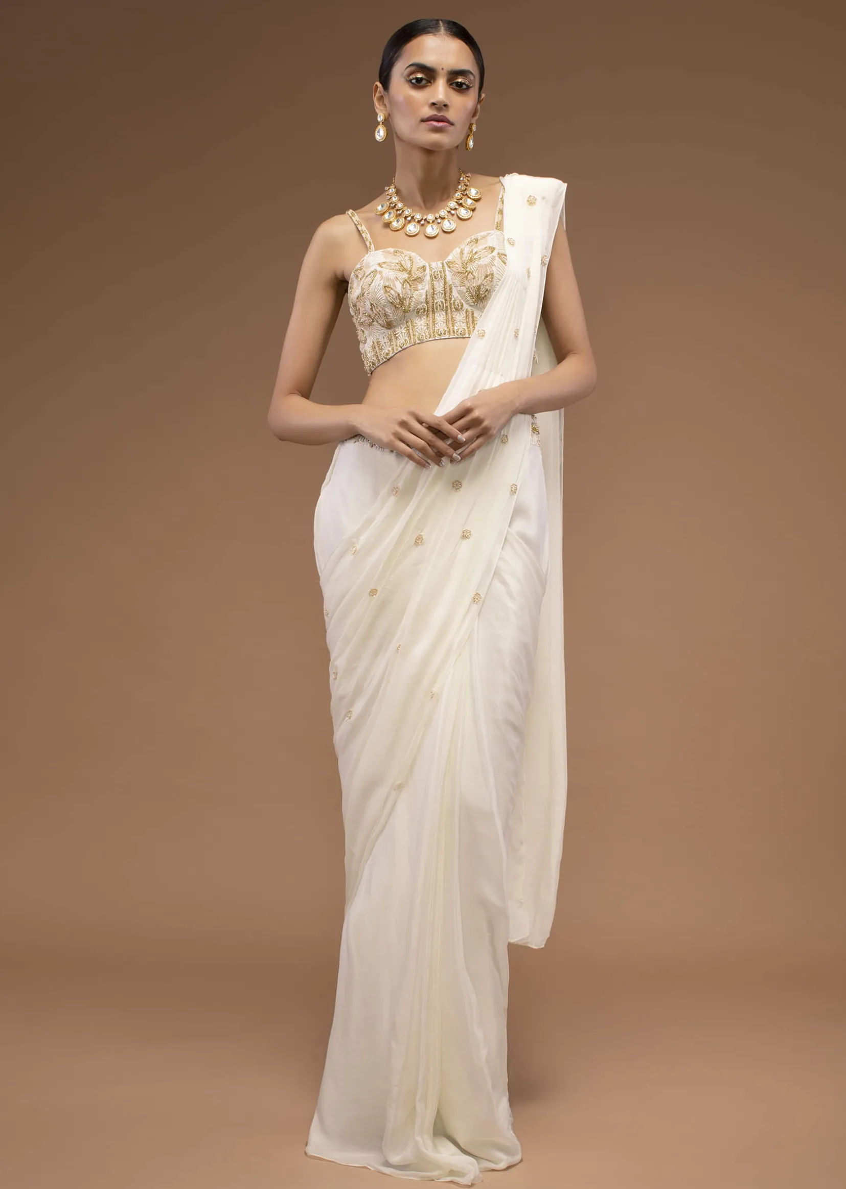 Cotton White Ready To Wear Saree With A Crop Top Set In Cut Dana Embroidery, Paired With The Spaghetti Straps With A Corset Neckline