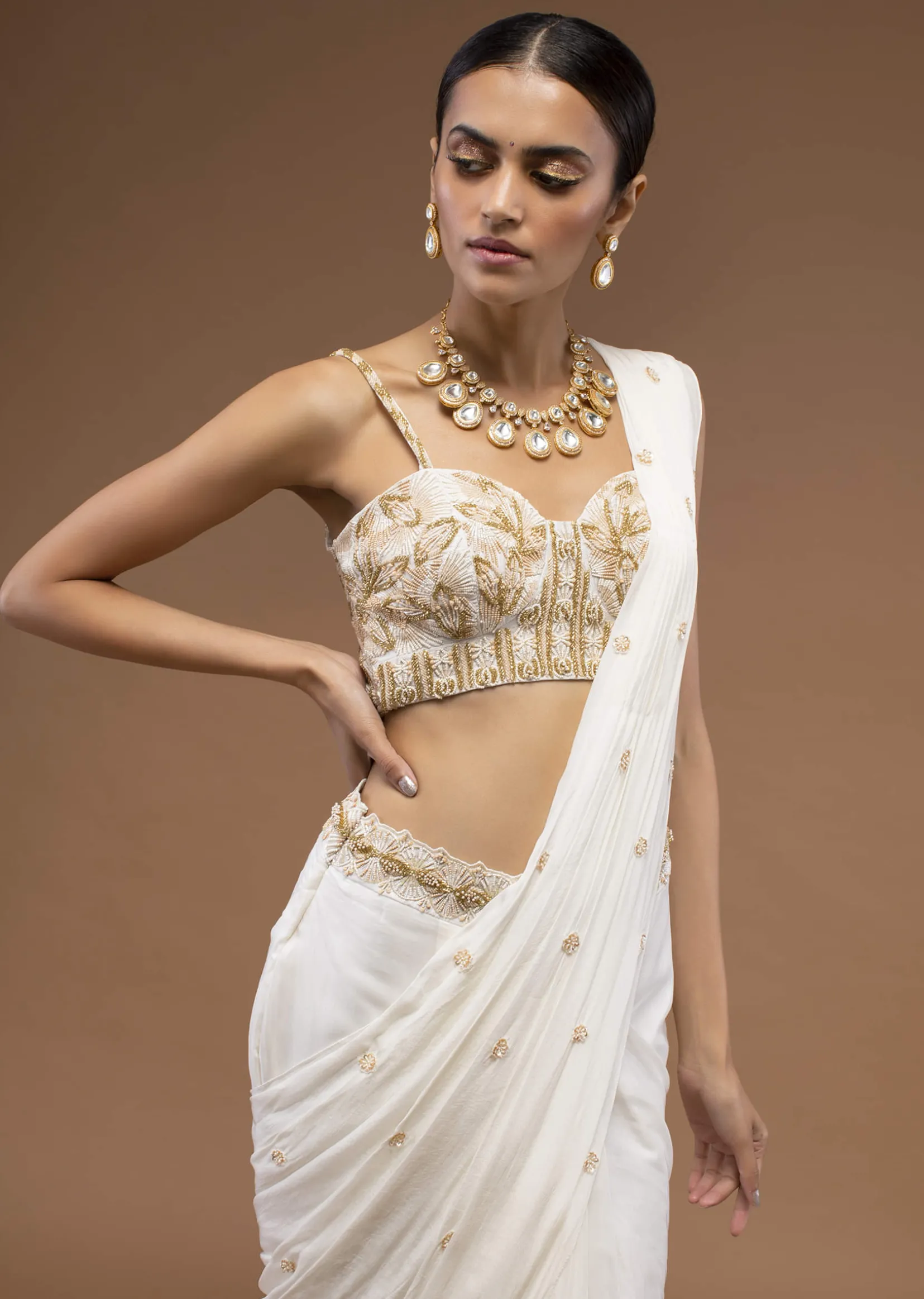 Cotton White Ready To Wear Saree With A Crop Top Set In Cut Dana Embroidery, Paired With The Spaghetti Straps With A Corset Neckline