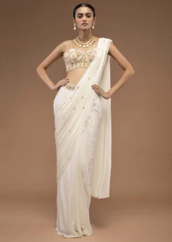 Cotton White Ready To Wear Saree With A Crop Top Set In Cut Dana Embroidery, Paired With The Spaghetti Straps With A Corset Neckline