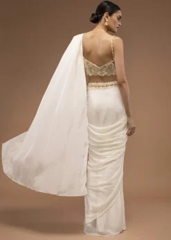 Cotton White Ready To Wear Saree With A Crop Top Set In Cut Dana Embroidery, Paired With The Spaghetti Straps With A Corset Neckline