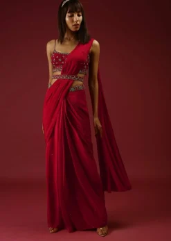 Cranberry Red Ready To Wear Saree With A Multicolored Hand Embroidered Blouse And Belt