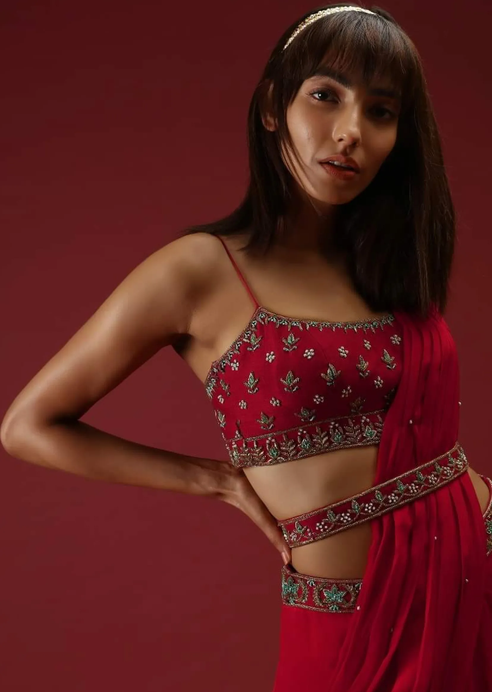 Cranberry Red Ready To Wear Saree With A Multicolored Hand Embroidered Blouse And Belt