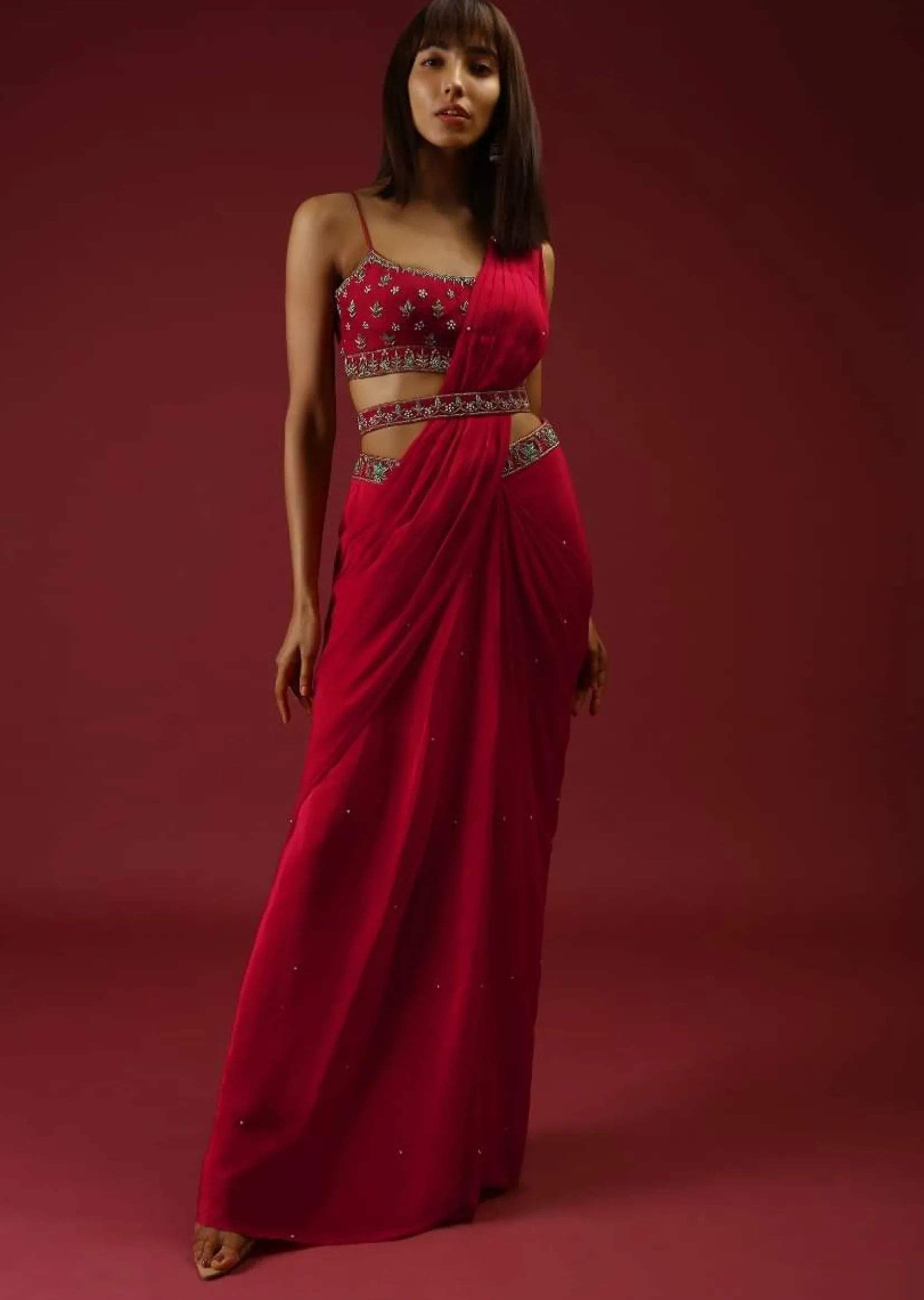 Cranberry Red Ready To Wear Saree With A Multicolored Hand Embroidered Blouse And Belt
