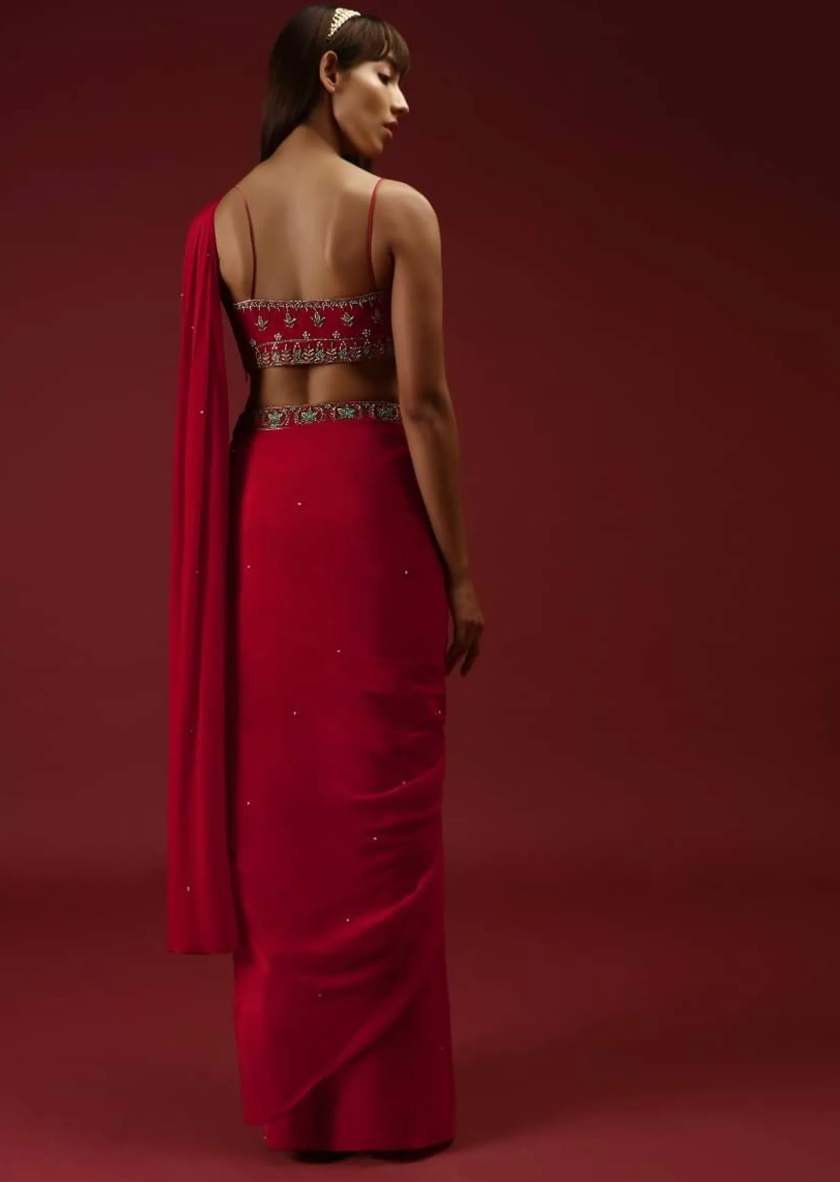 Cranberry Red Ready To Wear Saree With A Multicolored Hand Embroidered Blouse And Belt