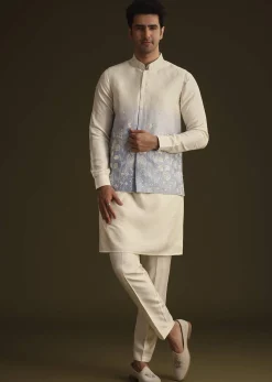 Cream And Blue Ombre Embroidered Silk Jacket Set