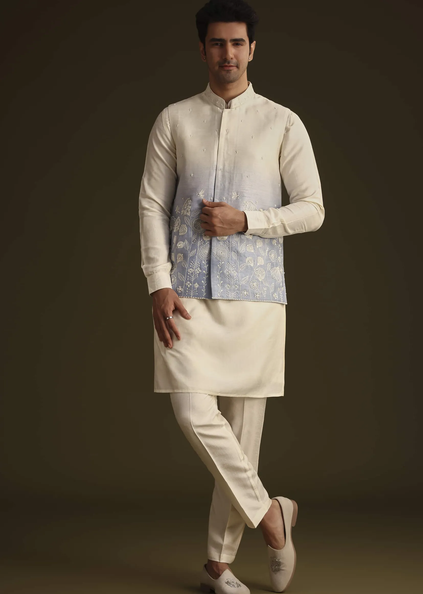 Cream And Blue Ombre Embroidered Silk Jacket Set