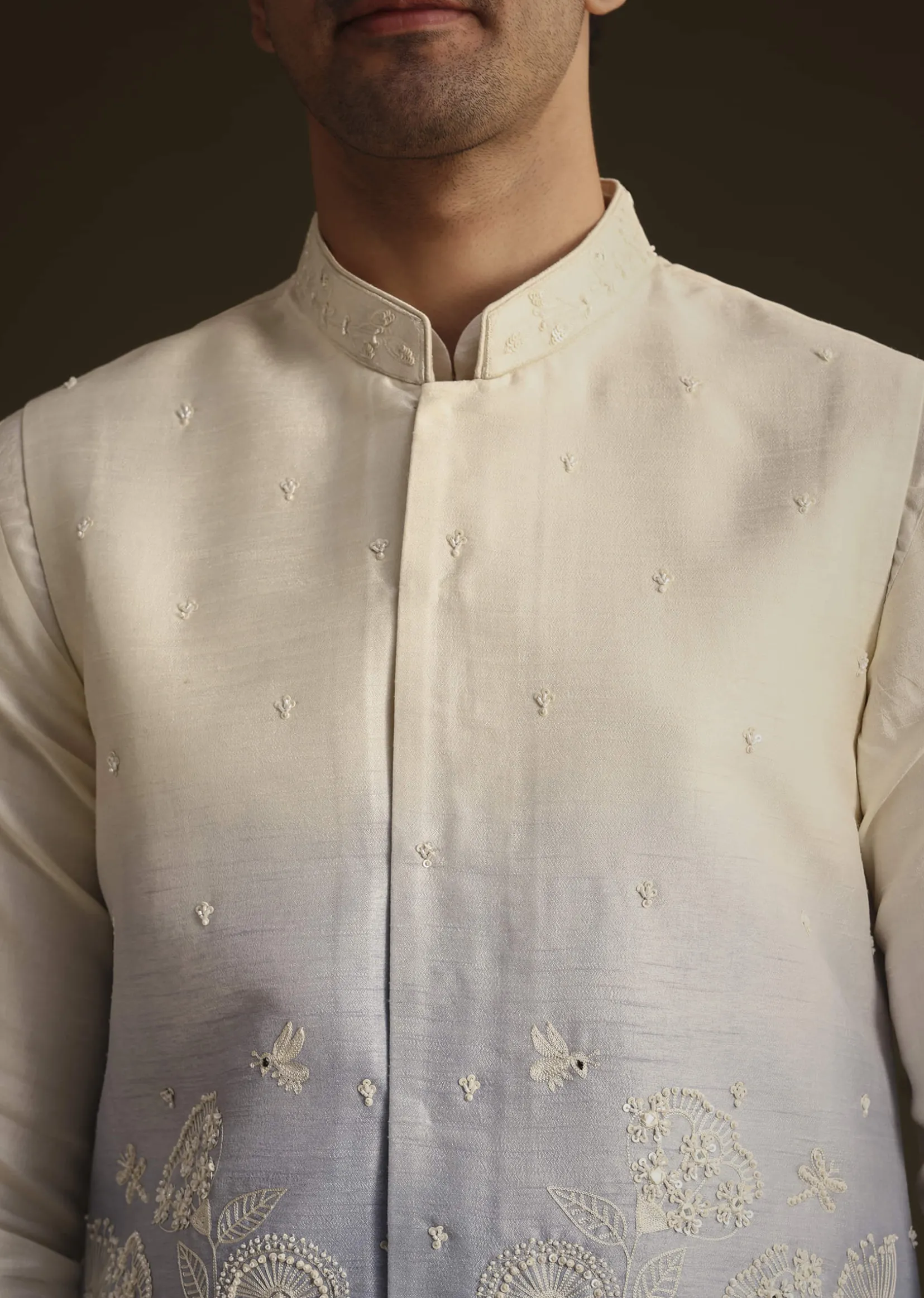 Cream And Blue Ombre Embroidered Silk Jacket Set