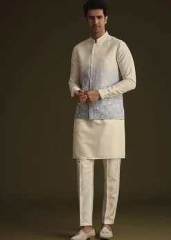 Cream And Blue Ombre Embroidered Silk Jacket Set