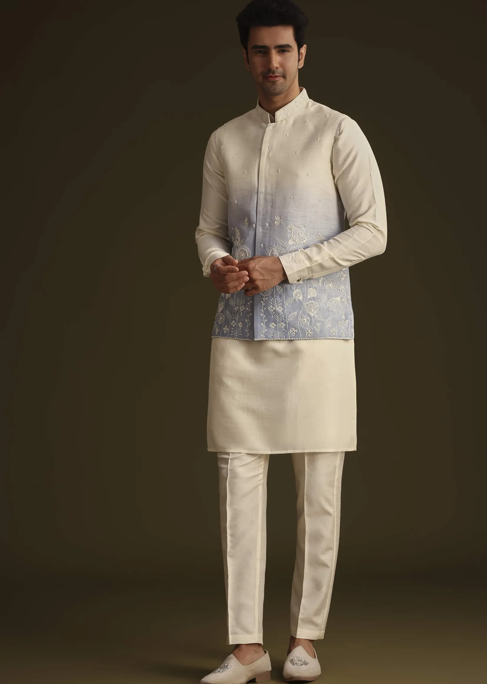 Cream And Blue Ombre Embroidered Silk Jacket Set