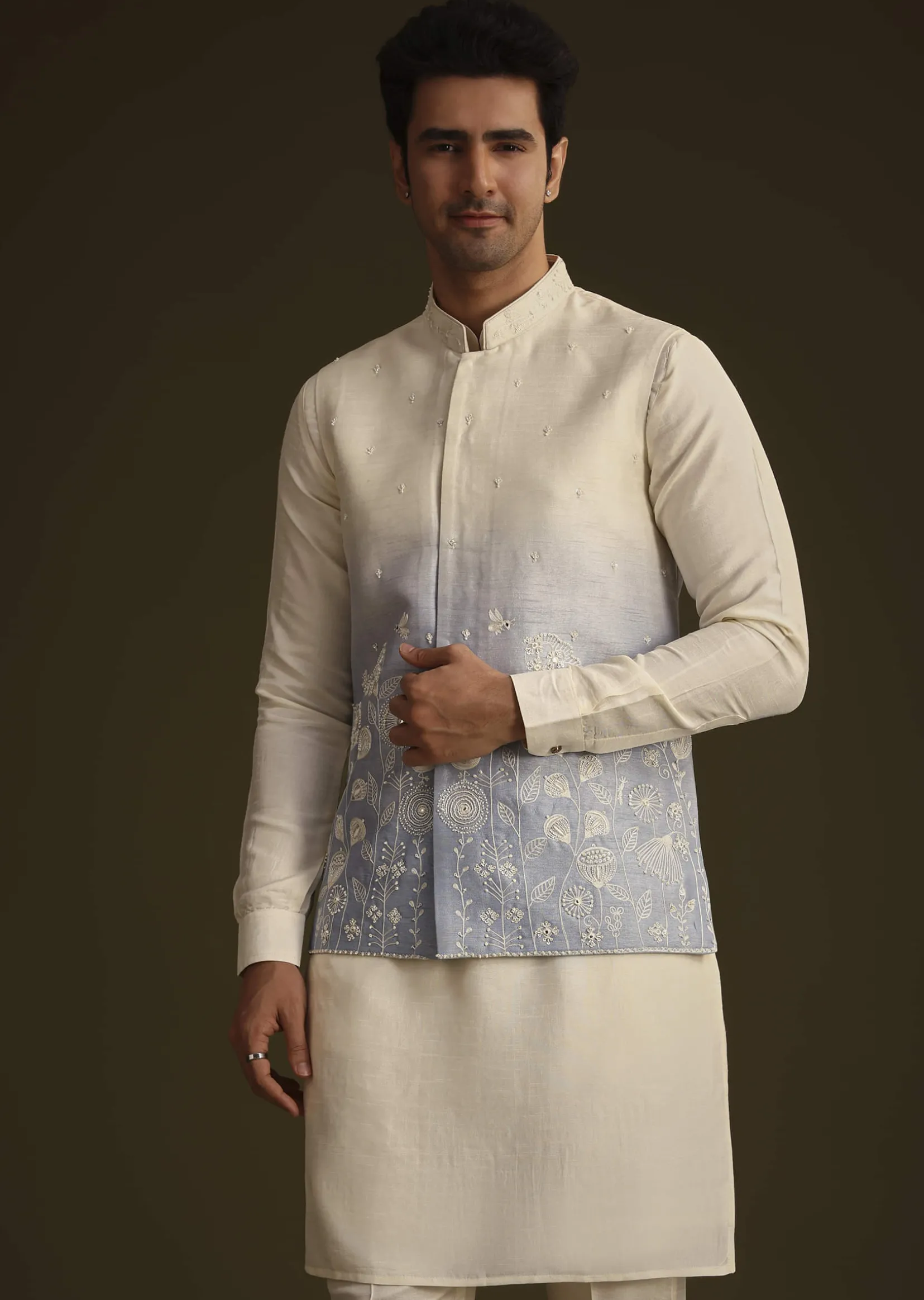Cream And Blue Ombre Embroidered Silk Jacket Set