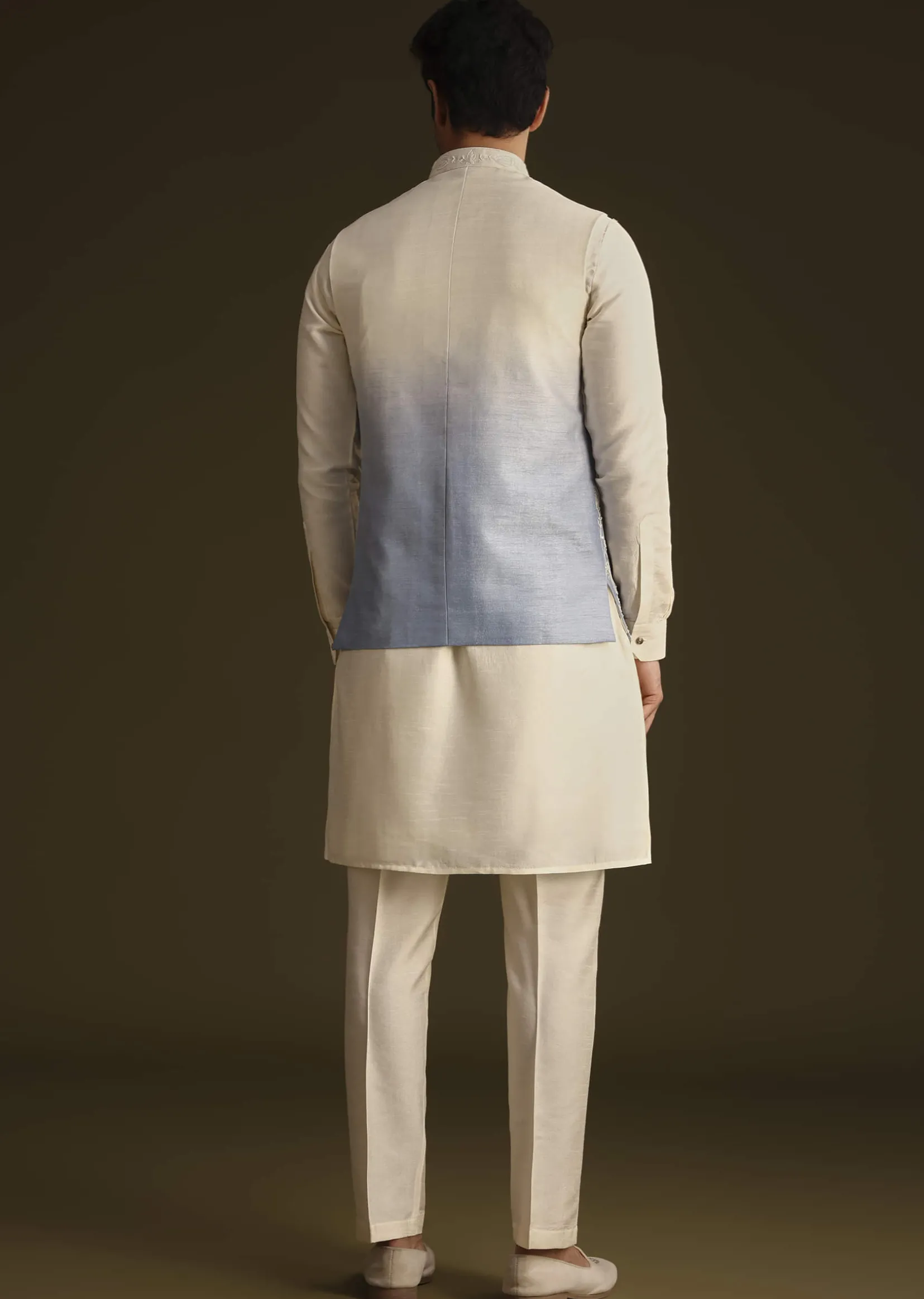 Cream And Blue Ombre Embroidered Silk Jacket Set