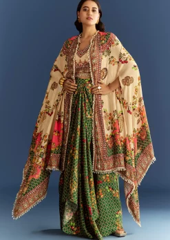 Cream And Green Cotton Muslin Printed Croptop With Printed Skirt And Cape