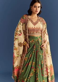 Cream And Green Cotton Muslin Printed Croptop With Printed Skirt And Cape