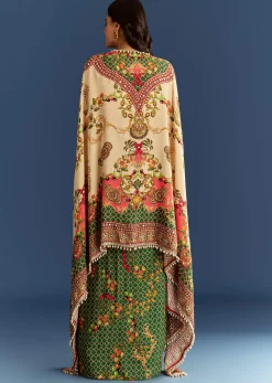Cream And Green Cotton Muslin Printed Croptop With Printed Skirt And Cape