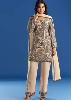 Cream Beaded Kurta Dupatta Set With Georgette Pant