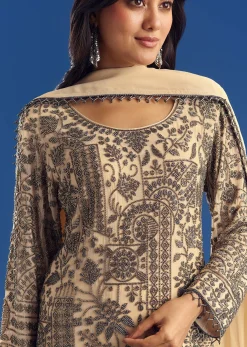Cream Beaded Kurta Dupatta Set With Georgette Pant