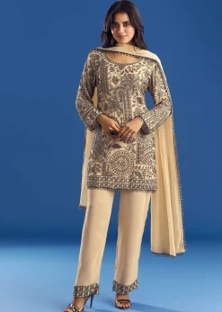 Cream Beaded Kurta Dupatta Set With Georgette Pant