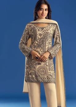 Cream Beaded Kurta Dupatta Set With Georgette Pant