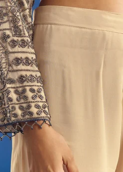 Cream Beaded Kurta Dupatta Set With Georgette Pant