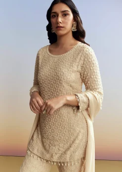 Cream Beaded Kurta Set with Dupatta
