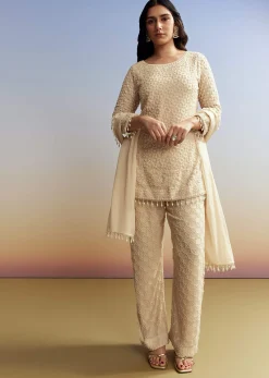Cream Beaded Kurta Set with Dupatta