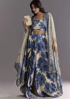 Cream Blue Floral Printed Croptop Skirt With Tassel Bordered Cape