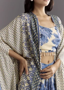 Cream Blue Floral Printed Croptop Skirt With Tassel Bordered Cape