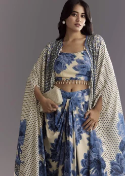Cream Blue Floral Printed Croptop Skirt With Tassel Bordered Cape