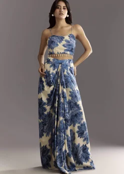 Cream Blue Floral Printed Croptop Skirt With Tassel Bordered Cape