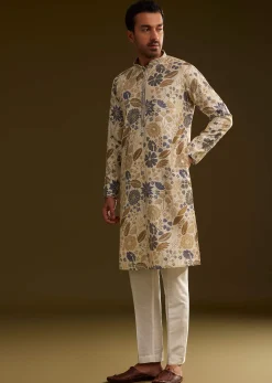 Cream Blue Silk Floral Printed Kurta Set