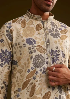Cream Blue Silk Floral Printed Kurta Set