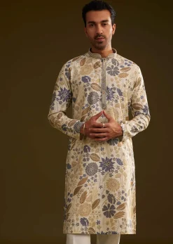 Cream Blue Silk Floral Printed Kurta Set