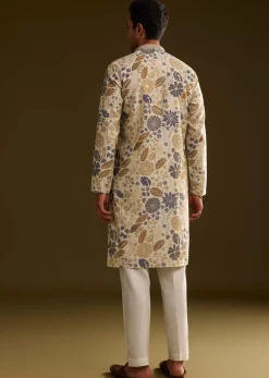 Cream Blue Silk Floral Printed Kurta Set