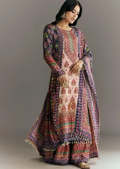 Cream Blue Tabby Silk Printed Kurta Palazzo With Dupatta