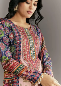Cream Blue Tabby Silk Printed Kurta Palazzo With Dupatta