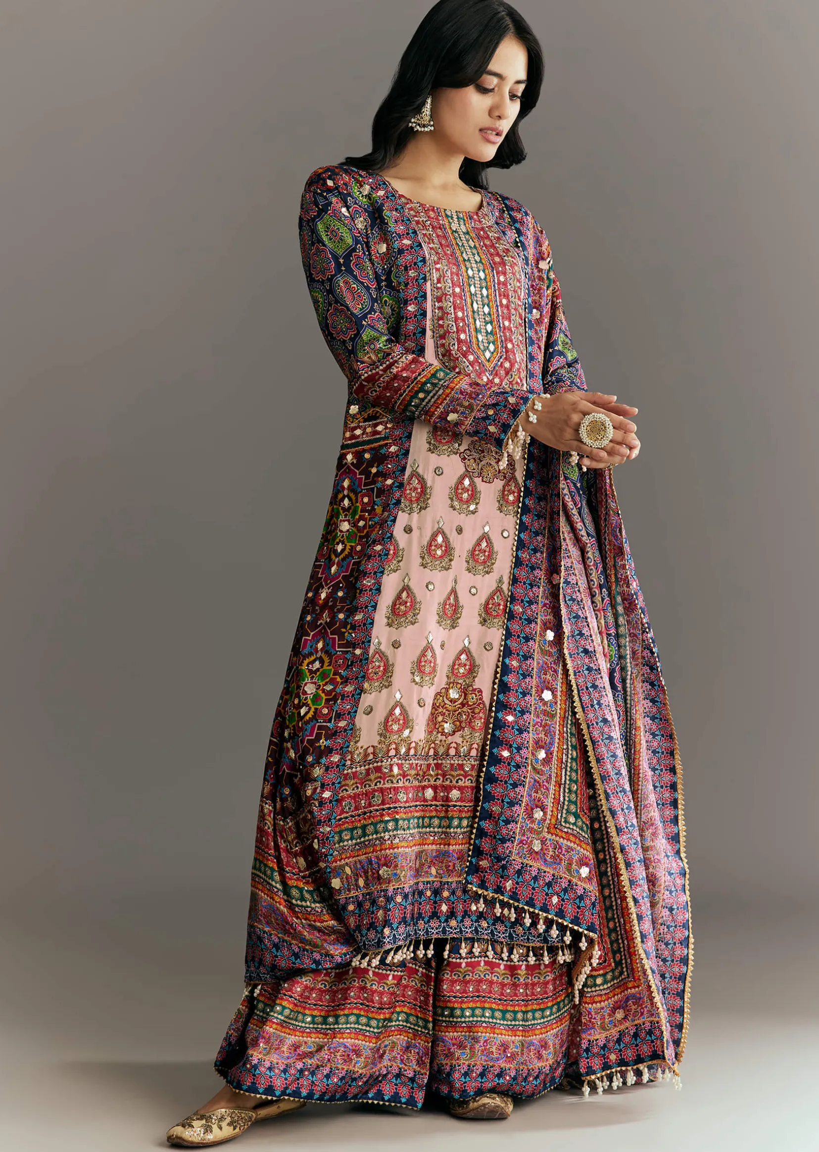 Cream Blue Tabby Silk Printed Kurta Palazzo With Dupatta