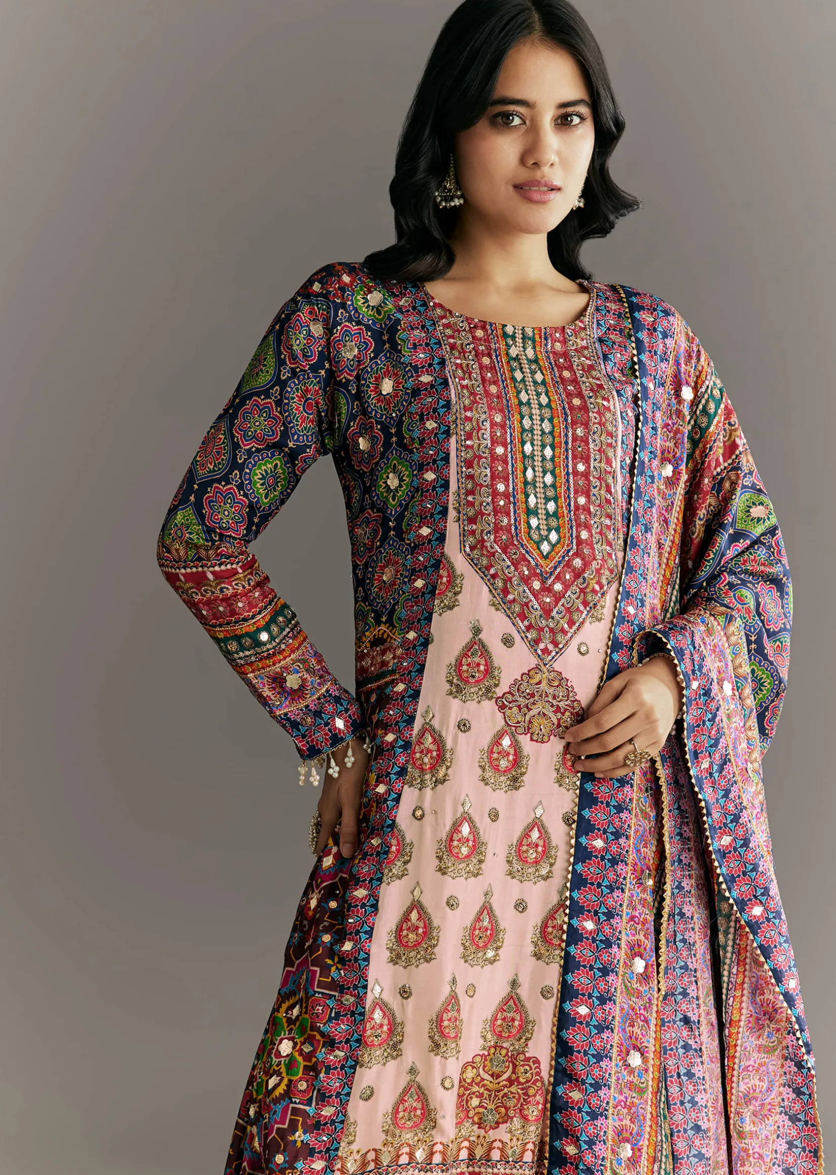 Cream Blue Tabby Silk Printed Kurta Palazzo With Dupatta