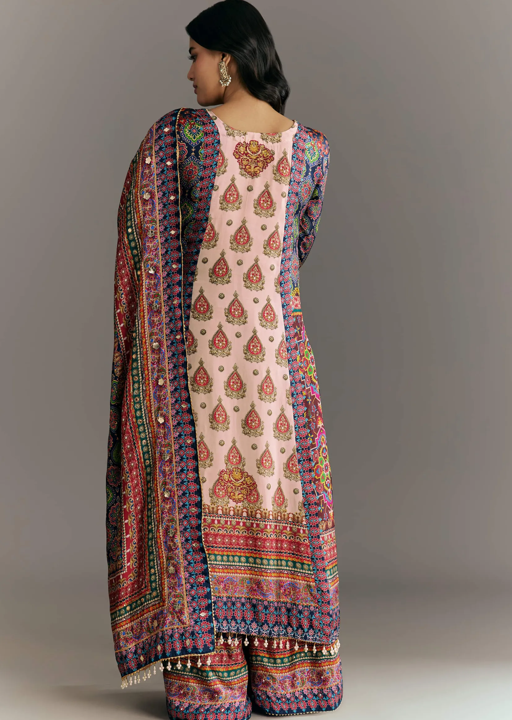 Cream Blue Tabby Silk Printed Kurta Palazzo With Dupatta