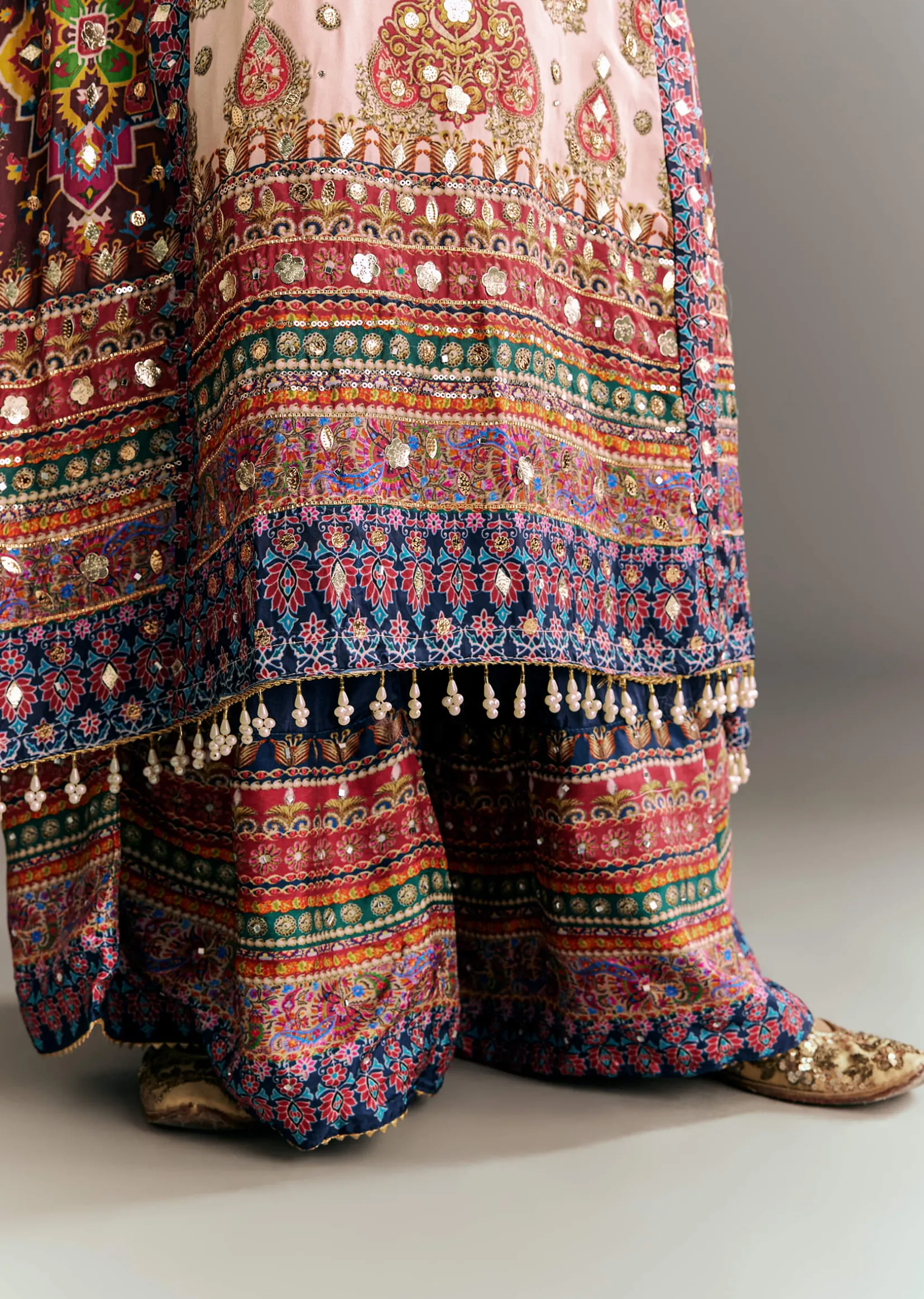 Cream Blue Tabby Silk Printed Kurta Palazzo With Dupatta