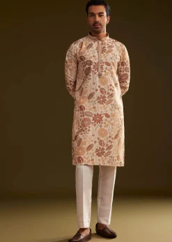 Cream Brown Silk Floral Printed Kurta Set