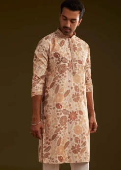 Cream Brown Silk Floral Printed Kurta Set