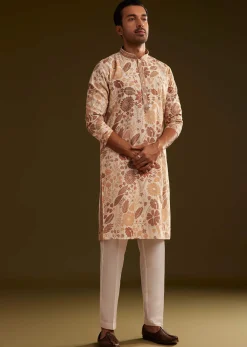 Cream Brown Silk Floral Printed Kurta Set