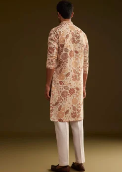 Cream Brown Silk Floral Printed Kurta Set