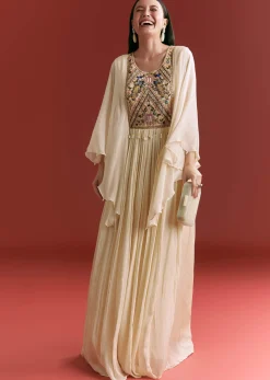Cream Chinon Embroidered Gown With Flared Sleeves