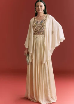 Cream Chinon Embroidered Gown With Flared Sleeves