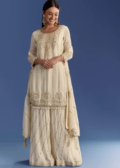 Cream Chinon Kurta Palazzo Set With Resham And Sequins Work
