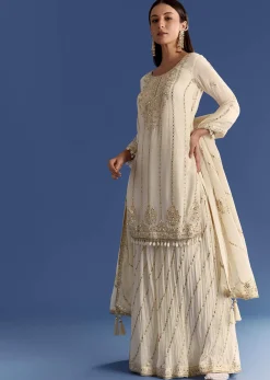 Cream Chinon Kurta Palazzo Set With Resham And Sequins Work