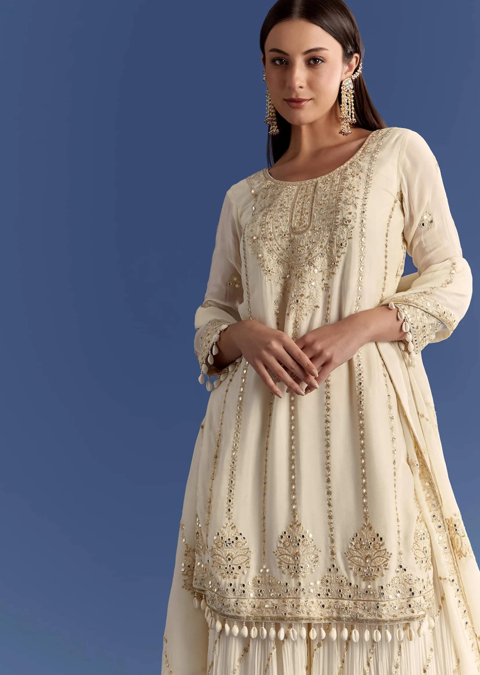 Cream Chinon Kurta Palazzo Set With Resham And Sequins Work