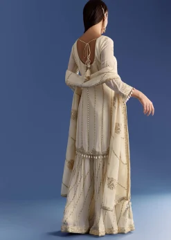 Cream Chinon Kurta Palazzo Set With Resham And Sequins Work