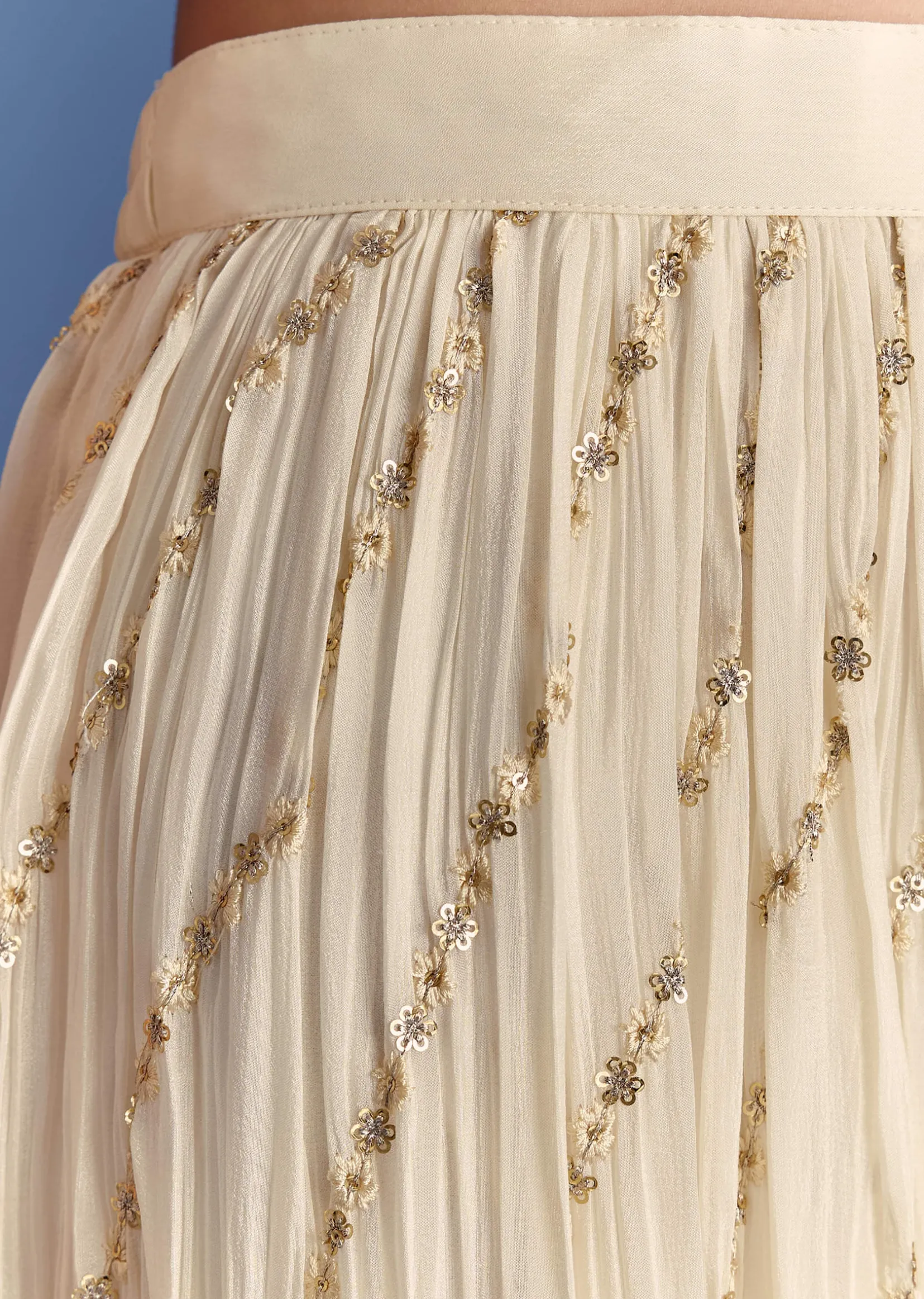 Cream Chinon Kurta Palazzo Set With Resham And Sequins Work